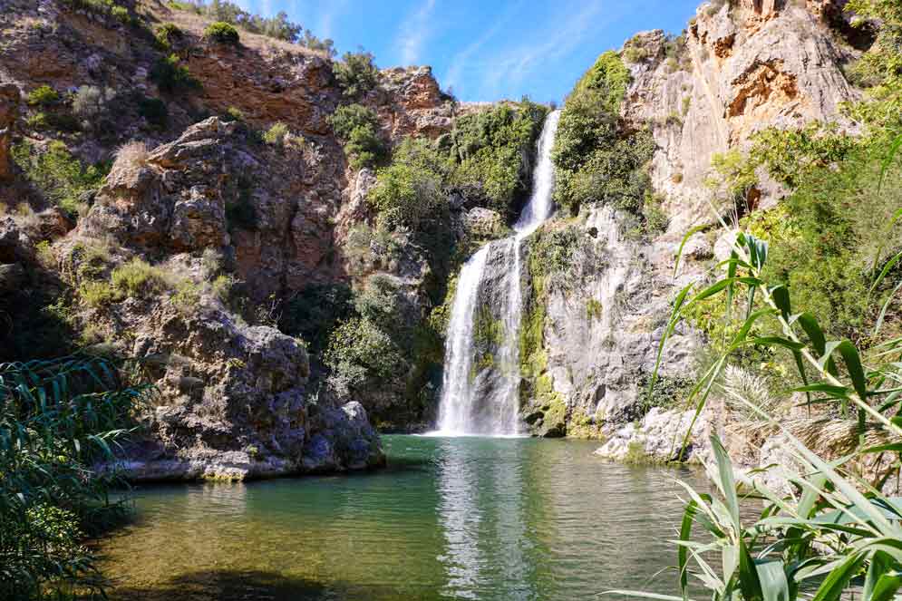 frontal view of El-Salto-de-Chella---swimming in waterfall